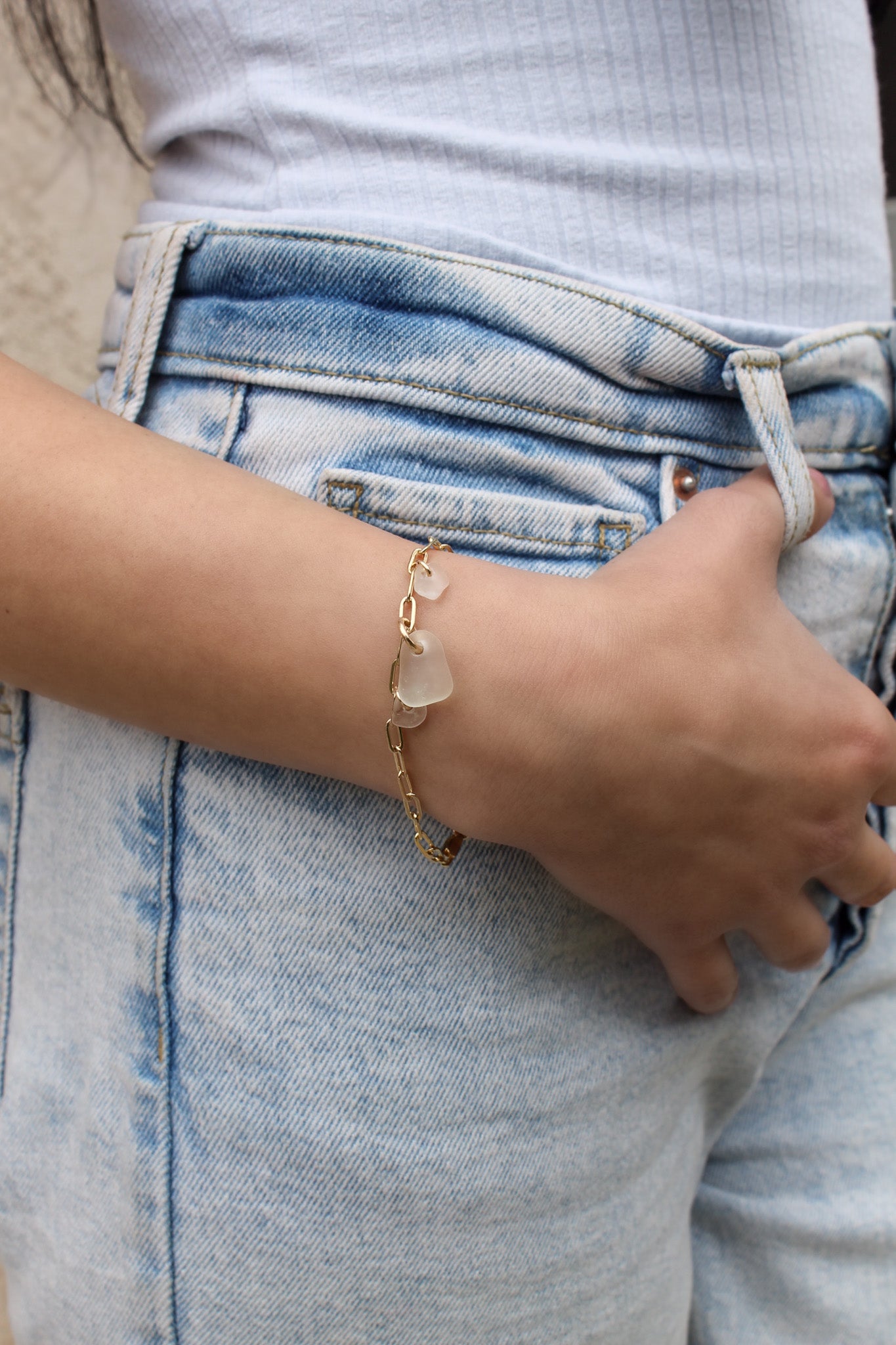 Gold Paper-Clip Chain Bracelet X Three Sea Glass