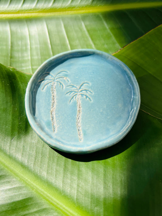 ocean blue palm tree round trinket dish