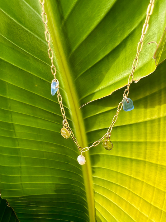 Gold Paper-Clip Chain Necklace X Perla X Two Bella Wave Charms X Two Sea Glass