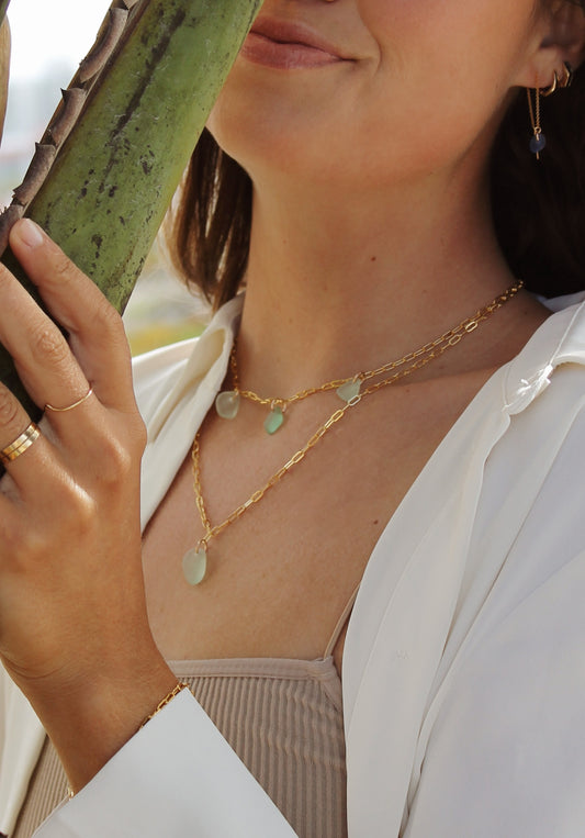 Gold Paper-Clip Chain Necklace X Three Sea Glass